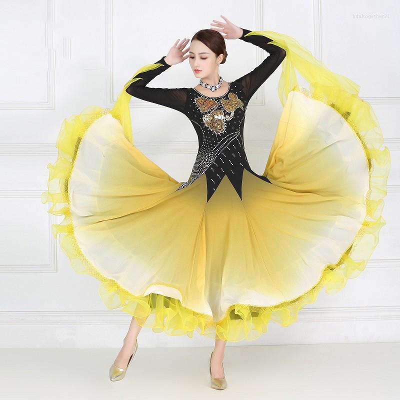 

Stage Wear Customized Ballroom Competition Dress High Quality Modern Dresses Standard Women Waltz Dancing, Yellow