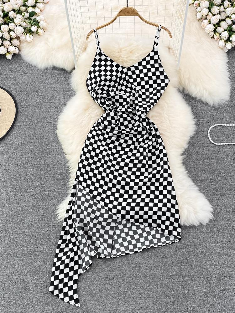 

Casual Dresses ZCWXM Sexy Vintage Suspender Dress Women Slim Irregular Plaid V-neck Backless Midi Sleeveless Club A-line Off Shoulder, Black