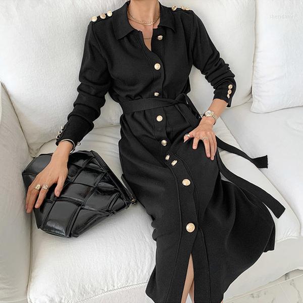 

Casual Dresses 2023 Autumn Winter Fashion Turn Down Collar Single-breasted Sweater Dress Female Long Sleeve Lace Up Knitted, Photo color