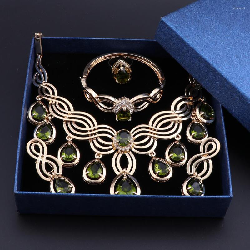 

Necklace Earrings Set OEOEOS Luxury Dubai For Women Gold Color Crystal Gift Party Dress Accessories With Boxes, Picture shown