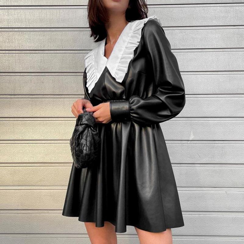 

Casual Dresses Cute PU Woman Dress Teens Vestido Spring Autumn Long Sleeve Mini, Black