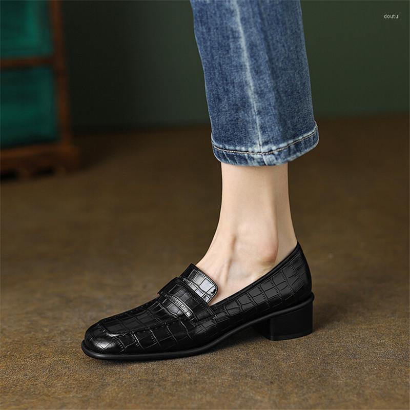 

Dress Shoes Spring Women Split Leather Loafers Round Toe Chunky Heel Pumps Black Zapatos De Mujer Summer, Beige