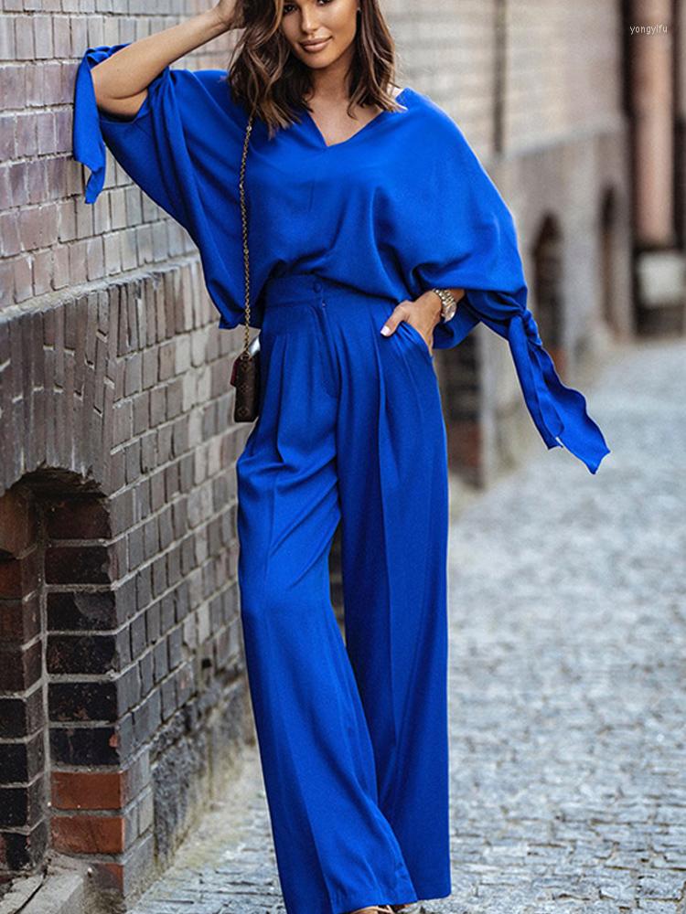 

Women' Two Piece Pants Loose Satin Women Shirts Set Autumn V-neck Lace Up Shirt Wide Leg Pant Female Suits 2023 Casual Simple Lady Sets, Black