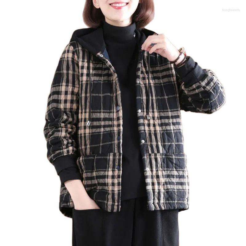 

Women' Trench Coats 2023 Women Jackets Autumn Winter Hooded Parkas Cotton Casual Thickened Plaid Warm Female Outerwear Overcoat Tops, Black