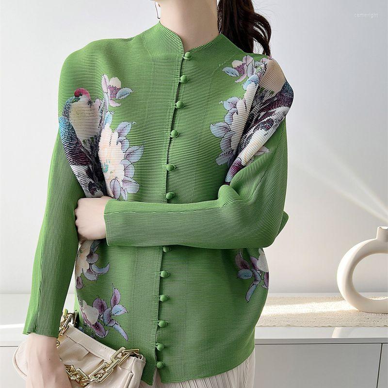 

Women's Jackets Long Sleeve Vintage Floral Miyak Pleated Jacket Women Spring Loose Casual Single-breasted Print Elegant Outerwear Female, Beige
