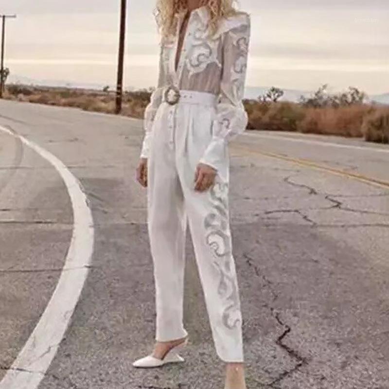 

Women' Jumpsuits & Rompers 2023 Cotton White Lace Elegant Turn-down Collar Exquisite Embroidered Blouse Top Waist Belt Pants Overall Jumpsu, Picture shown