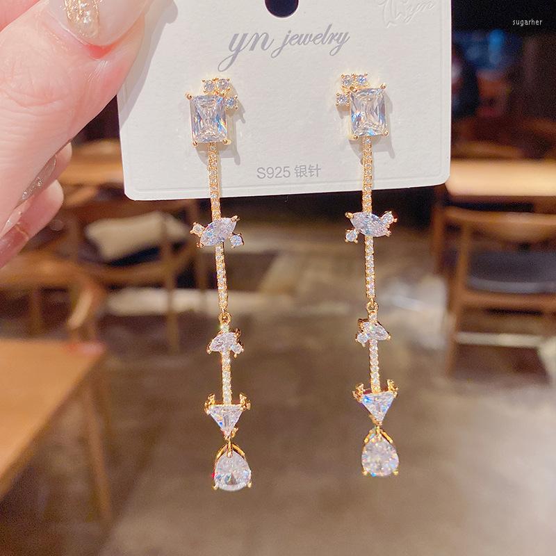 

Stud Earrings Light Luxury 14K Real Gold Exaggerated Temperament Long Water Drop High Sense For Women Cubic Zircon ZC
