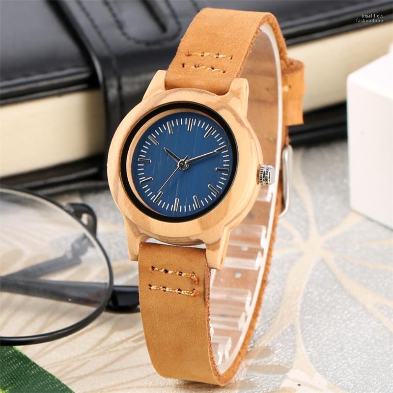 

Wristwatches Trendy Minimalist Blue Dial Women Watches Natural Bamboo Wood Case Slim Genuine Leather Wristband Lady Wristwatch Female WatchW, Black