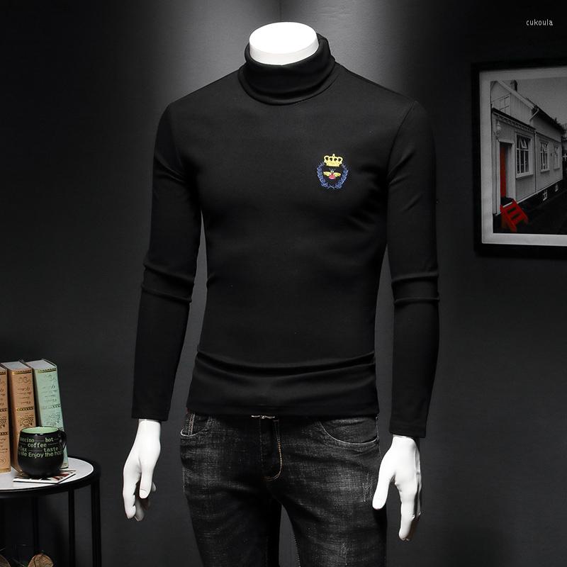 

Men's T Shirts Brand 2023 Autumn Designer T-shirt Half Turtleneck Patchwork Crown Embroidery Style Long Sleeve C26, Black