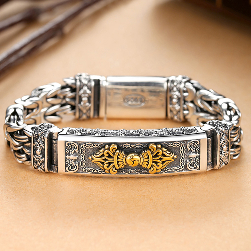 

Charm Bracelets RetroSen Chinese Style Retro Silver Hipster Mens Bracelet Creative Personality Hand Jewelry Diamond Pestle Peace Pattern Chain 230313