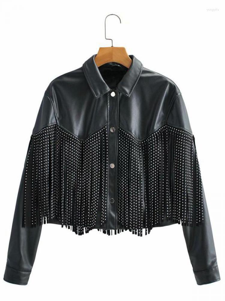 

Women' Leather Autumn Winter Faux Short Jackets Women Tassel Rivet Moto Bike Soft Pu Loose Coat Single Breasted Outwear, Black