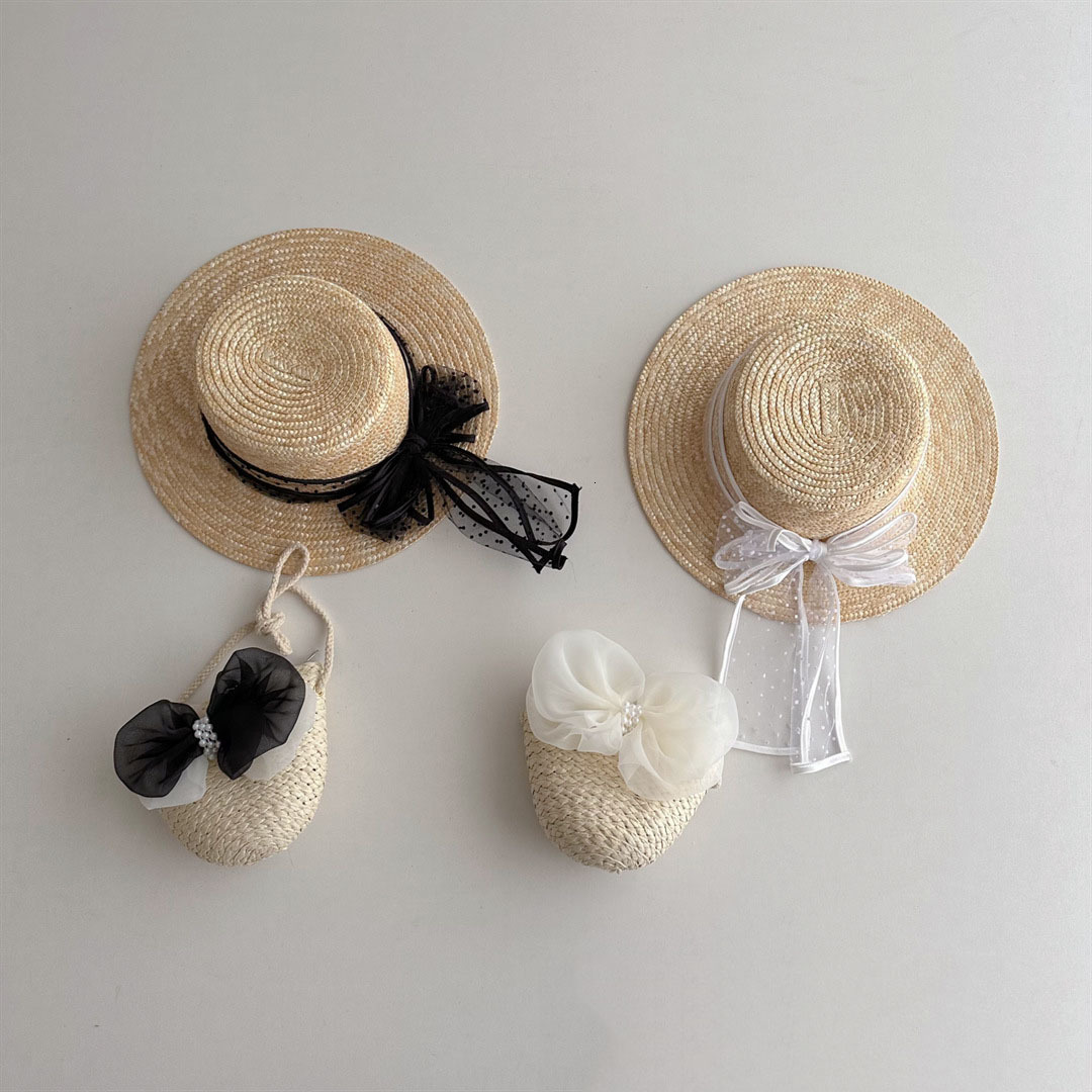 

Caps Hats Korea Kids Straw Hat With Bag Summer Baby Sun Hat Girls Lace Bow Beach Hat Flat-top Children Panama Caps 230313, Hat bag b