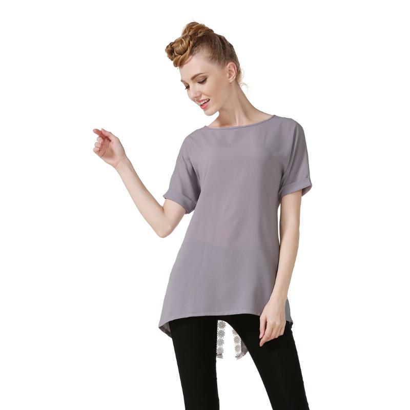 

Women's Blouses & Shirts Fashion Round Neck Lace Stitching Split Chiffon Shirt BowWomen's, Gray
