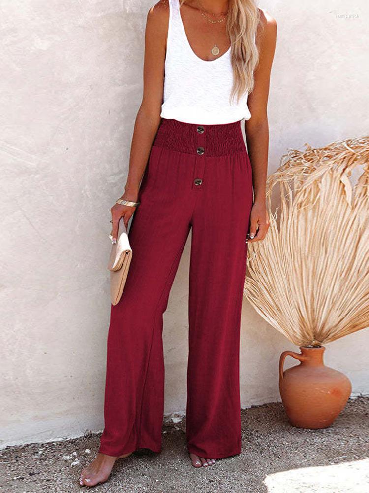 

Women' Pants Femme High Waist Solid Full Length Summer Casual Slim Women Wide Leg Loose Patchwork Button Linen Bottoms, 04 wine red