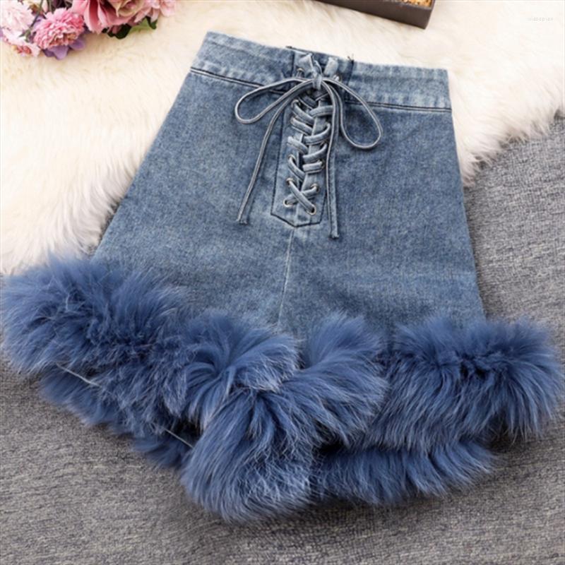 

Women' Shorts Women' Fashion High Waist Fur Denim Boots Pants Bandages Blue Short