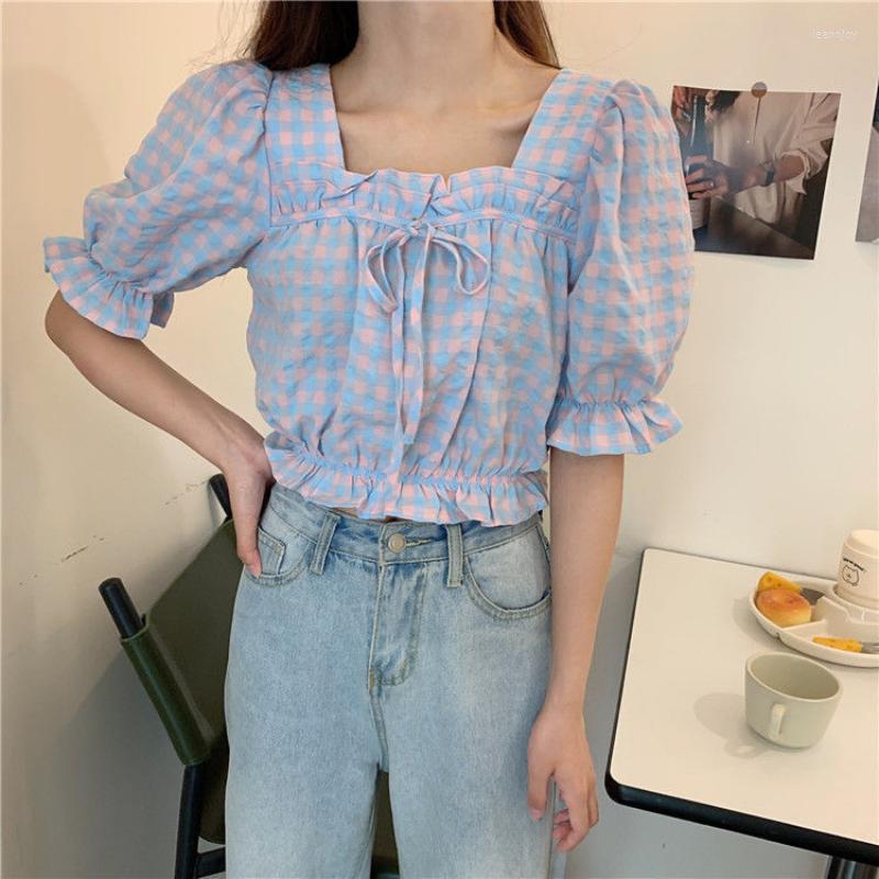 

Women' T Shirts Summer 2023 Harajuku Plaid Tshirts Vintage Puff Sleeve Ruffles Tee Square Collar Short Casual Loose Sweet Women, Blue