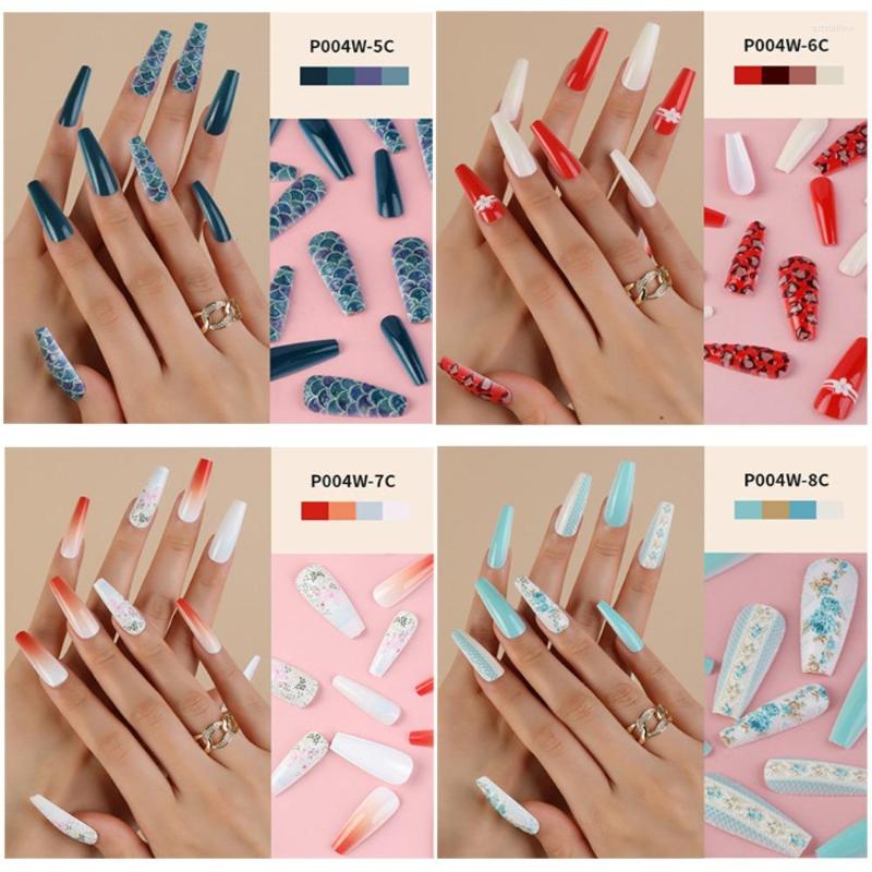 

False Nails 24Pcs Flower Almond Shape Gel Press On Wearable Nail Tips Detachable Finished Fingernail Fake