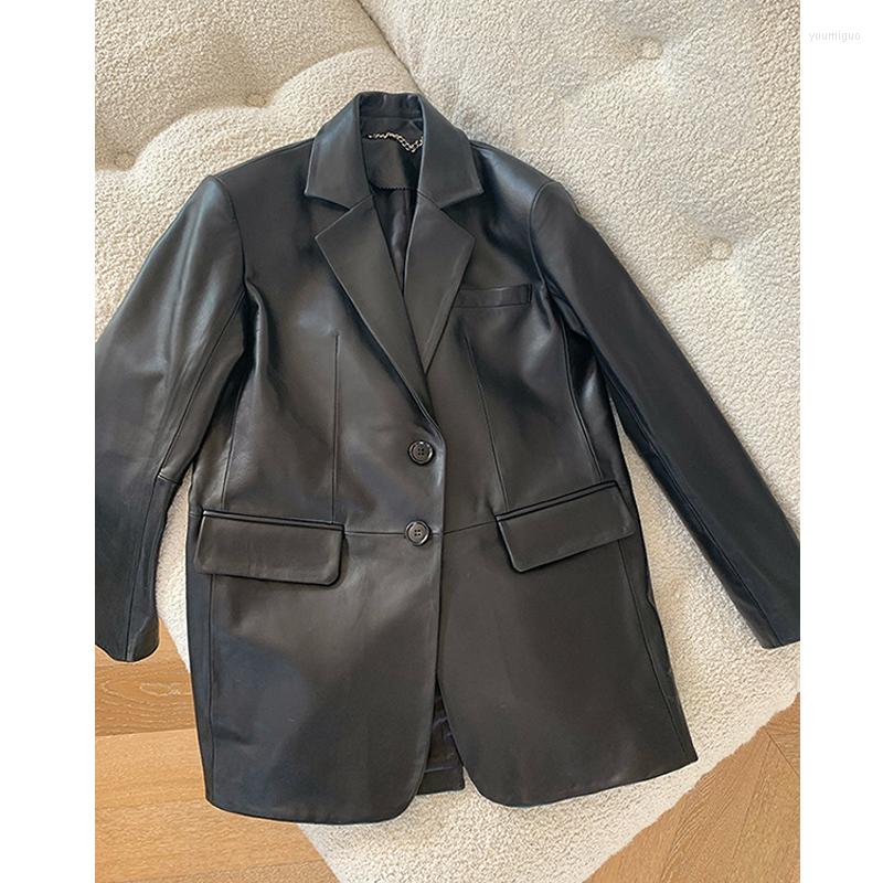 

Women' Leather Julypalette 2023 Spring Genuine Blazer Jackets Coats Fashion Two Button Black Loose Women Sheepskin Outwear