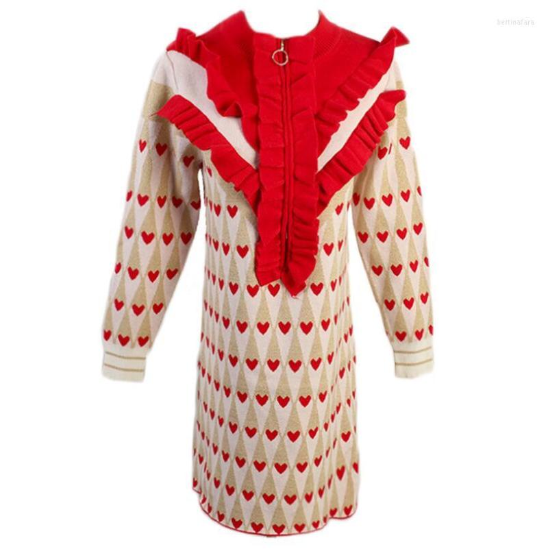 

Casual Dresses Brand 2023 Winter Sweet Red Love Print Women Mini Dress Runway Designer Gold Line Ruffles Christmas Party Sweater Clothes, Picture shown
