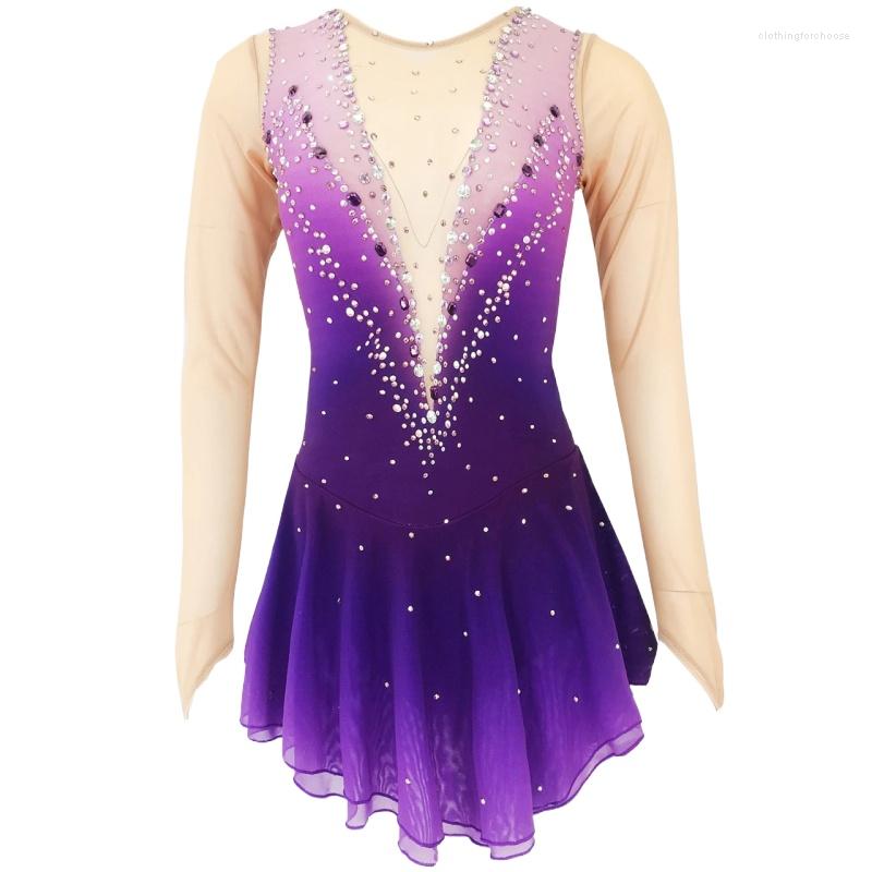 

Stage Wear LIUHUO Skating Dress Long Sleeve For Girls Spandex Rhinestone Performance Competition Stretch Mesh Dance Costume, Purple