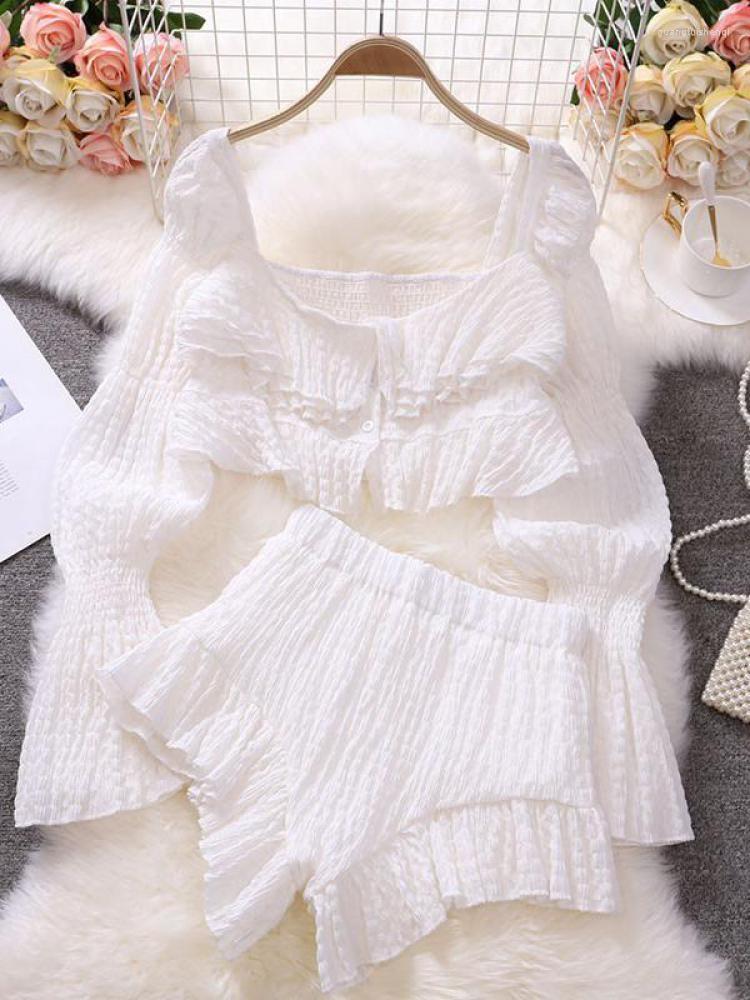 

Women's Tracksuits Ins White Chiffon Two Piece Set Women Summer High Street Fashion Sexy French Outfits Navel Blouses Black Solid Wild