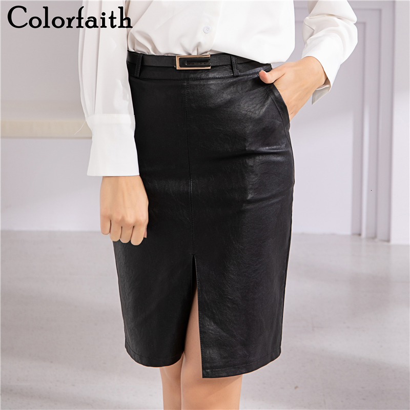 

Skirts Colorfaith PU Leather Korean Fashion Empire Straight Sexy Black With Belt Spring Summer Women Mini Skater Skirts SK6603 230313