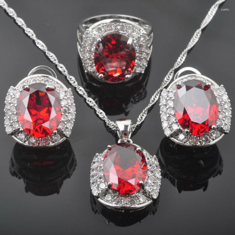 

Necklace Earrings Set Unusual Silver Color Jewelry For Women Wedding Earring Ring Red Zirconia Crystal Costume Sets QZ0238, Picture shown