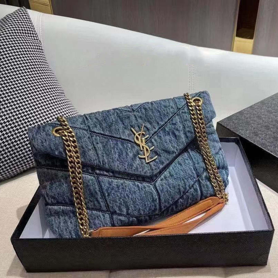 

LOULOU Puffer Denim Shoulder YSLs Bag Purse Luxury Designer Tote Bags Women Cowboy Messanger Crossbody Clutch Heave Gold Chain yslity Handbags, Blue with gold chain