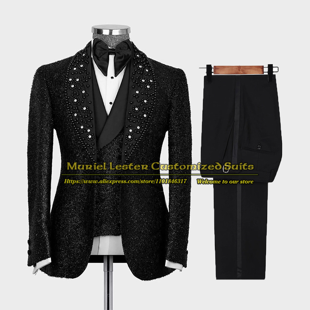 

Men's Suits Blazers Luxury Men Wedding Groom Suits Glitter Lurex Black Blazer Sets Beaded Satin Lapel JacketVestPants 3 Pieces Business Clothing 230313