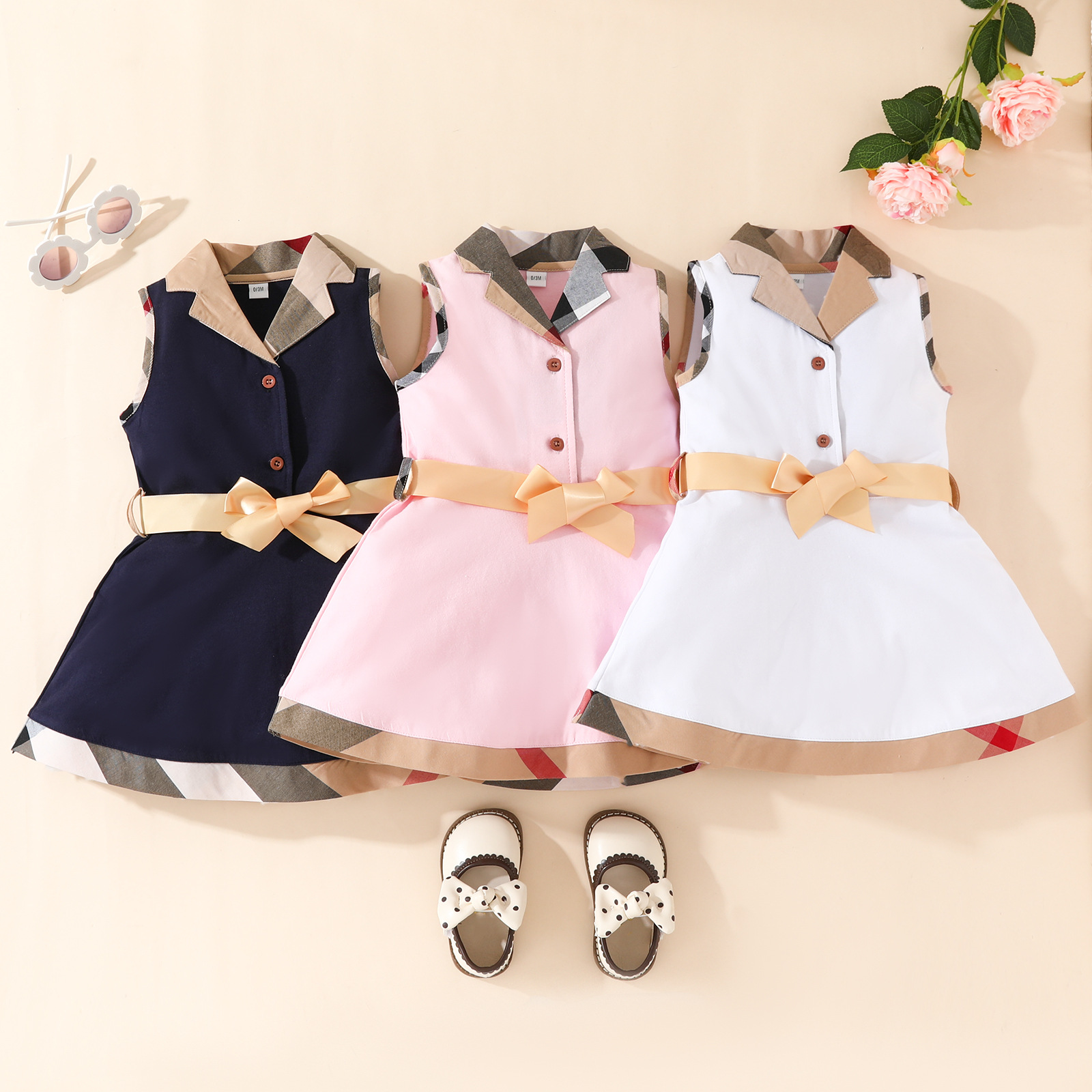 

deisgner baby girls princess Dresses summer fashion cute kids lapel plaid bowknot clothes children sleeveless Casual Dress S2171, White