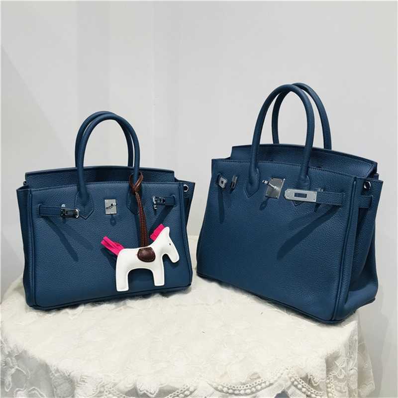 

designer women handbag birkin Silver buckle bags New blue leather women's bag with lychee pattern cow leather fashionable portable one-shoulder messenger bag, Blue silver buckle 25 * 21 * 13
