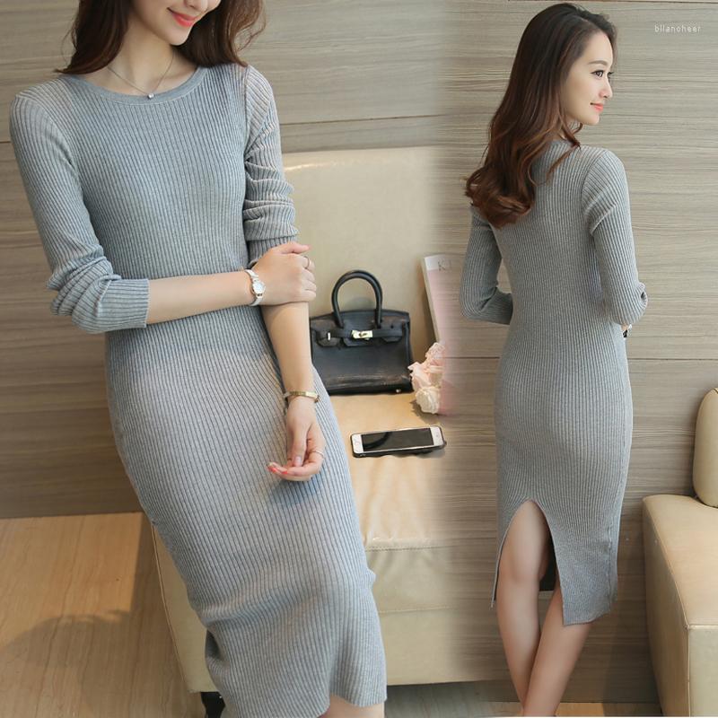

Casual Dresses Women Cashmere Winter Dress Split Pencil Bodycon Long Sleeve Sexy Club Party Bandage Office Vestidos L1103, L001103 gray