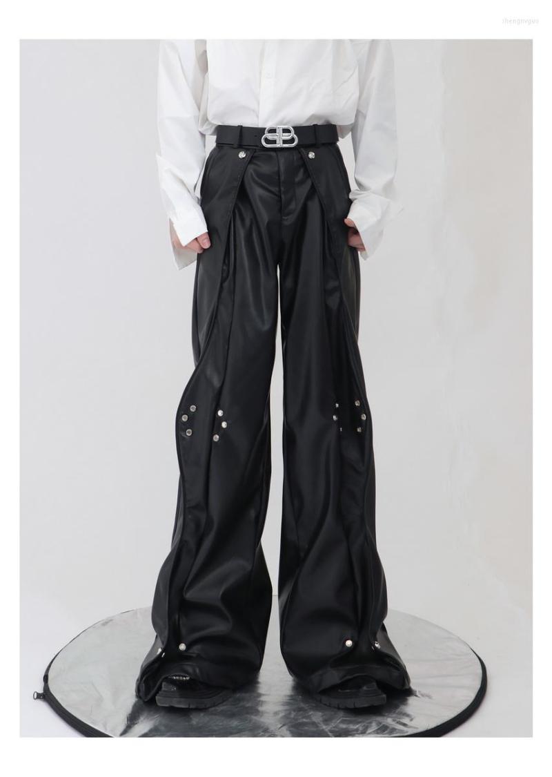 

Men's Pants -43 Men's PU Leather Metal Button Design Sense Loose Straight Leg Trousers Hanging 2023, Black