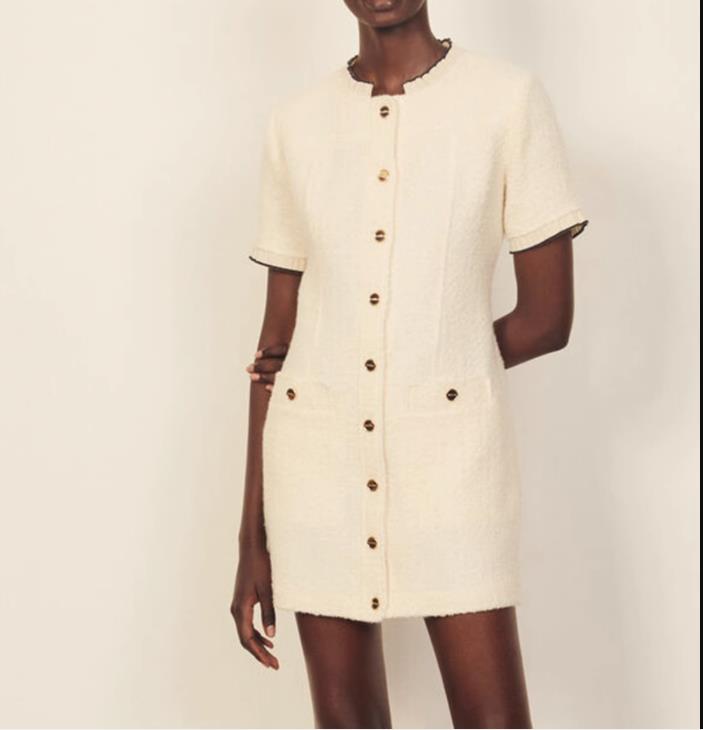2023 Spring Ivory Solid Color Panelled Tweed Dress Short Sleeve Round Neck Buttons Single-Breasted Casual Dresses Brand Same Style Designer W3M12713
