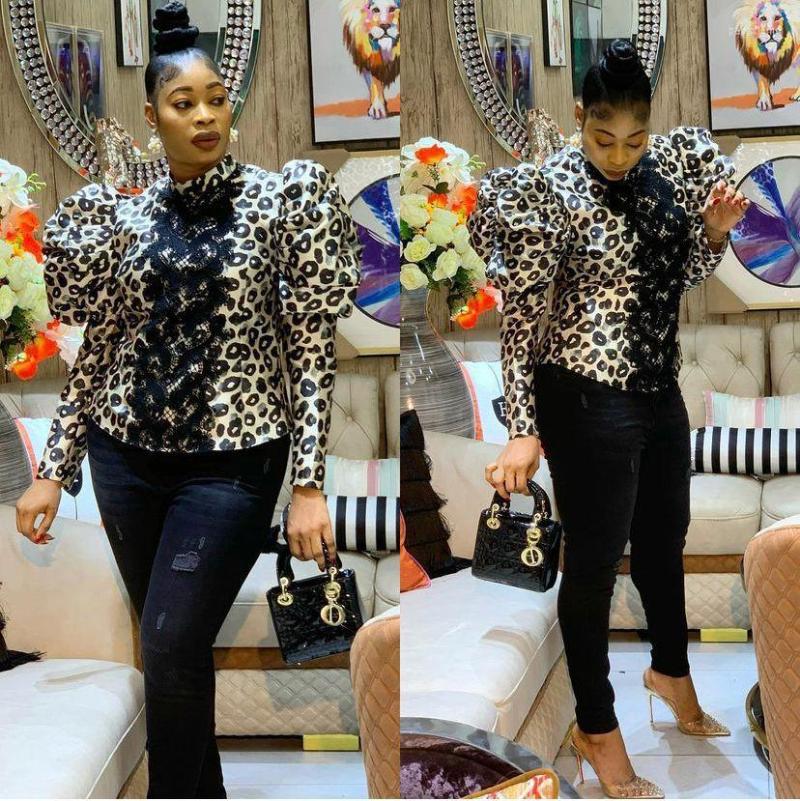 

Ethnic Clothing African Clothes For Women 2023 Fashion Leopard Print Lace Top Ladies Turtleneck Puff Long Sleeve T-shirt Africa