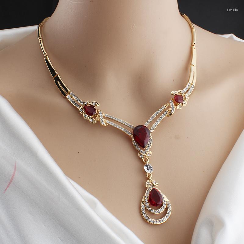 

Necklace Earrings Set Red Crystal Encrusted Earring Wedding Jewelry For Luxury Elegant Women Gold Color, Picture shown
