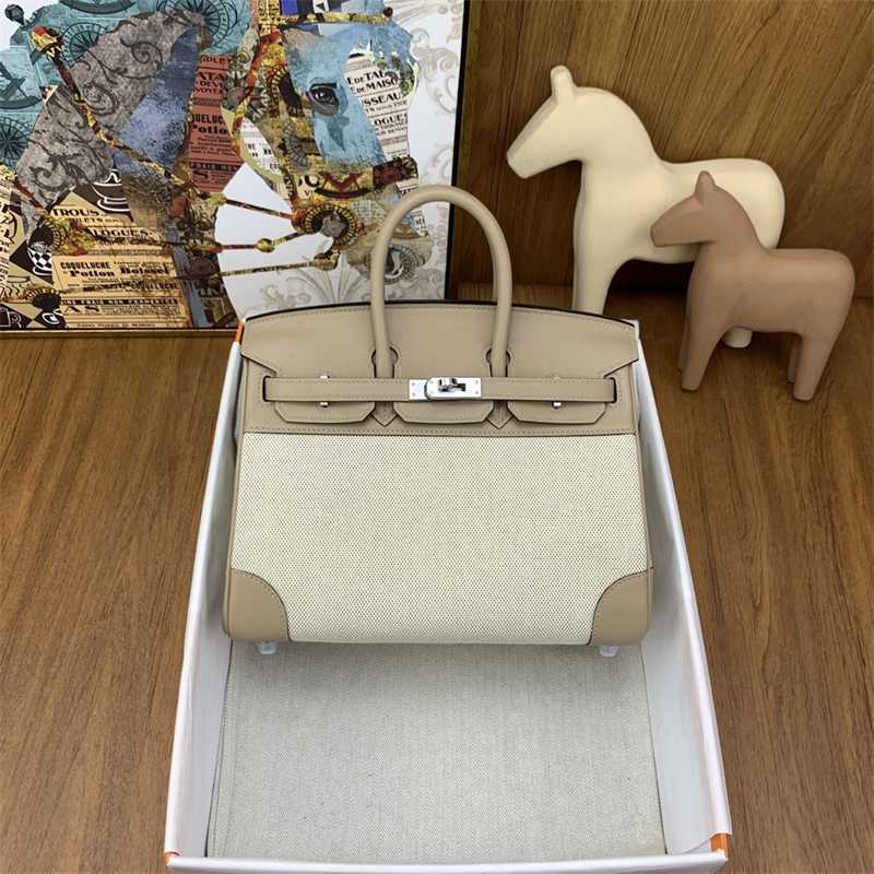 

designer women handbag birkin Silver buckle bags hand sewn pure handmade wax thread 25cm handbag canvas with swift leather cream, White