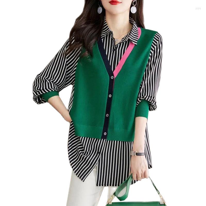 

Women's Blouses 2023 Fashion Autumn Fake Two Splicing Striped Shirts Women Long Sleeve Casual Slim Shirt Woman Top Ladies, Green