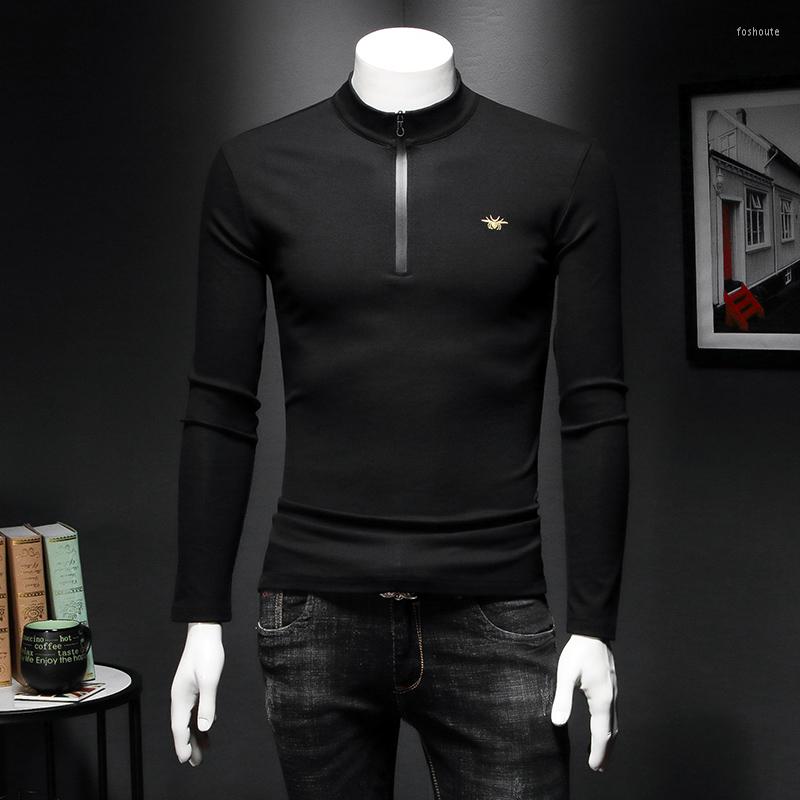 

Men's T Shirts Designer Mens T-shirt Brand 2023 Autumn Winter Zipper Half Turtleneck Collar Embroidery Long Sleeve Plus Velvet C28, Black