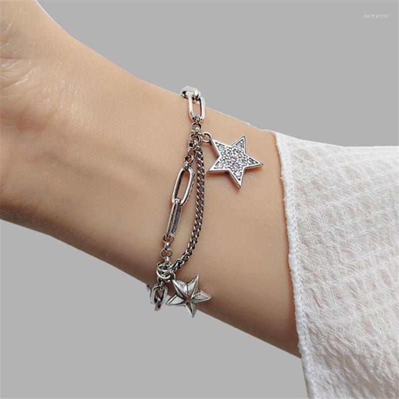 

Charm Bracelets Korean Fashion Hip Hop Rock Punk Style Two Stars For Women Link Chain Cubic Stones S Real Armband Boho Gift