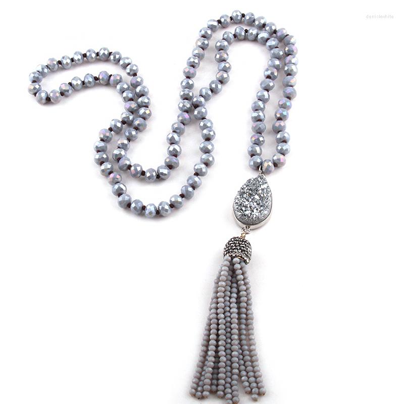 

Pendant Necklaces Bohemian Tribal Jewelry Glass Crystal Long Knotted Druzy Link Tassel Necklace 3 Color