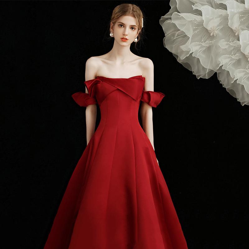 

Ethnic Clothing Elegant Burgundy Satin Off Shoulder Wedding Dress Princess Backless Floor Length A Line Prom Gowns Toast