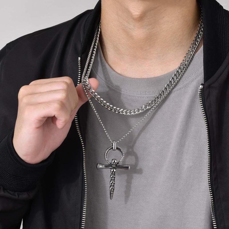 

Pendant Necklaces Punk Gothic Skull For Men Dark Silver Color Stainless Steel Anka Skeleton With Cuban Box Stacked Chain Collar