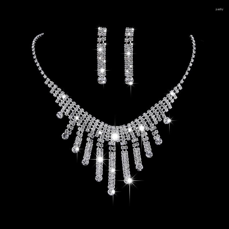 

Necklace Earrings Set Classic Female White Crystal Jewelry Charm Silver Color Dangle Earring For Women Dainty Round Zircon Wedding Chain, Picture shown