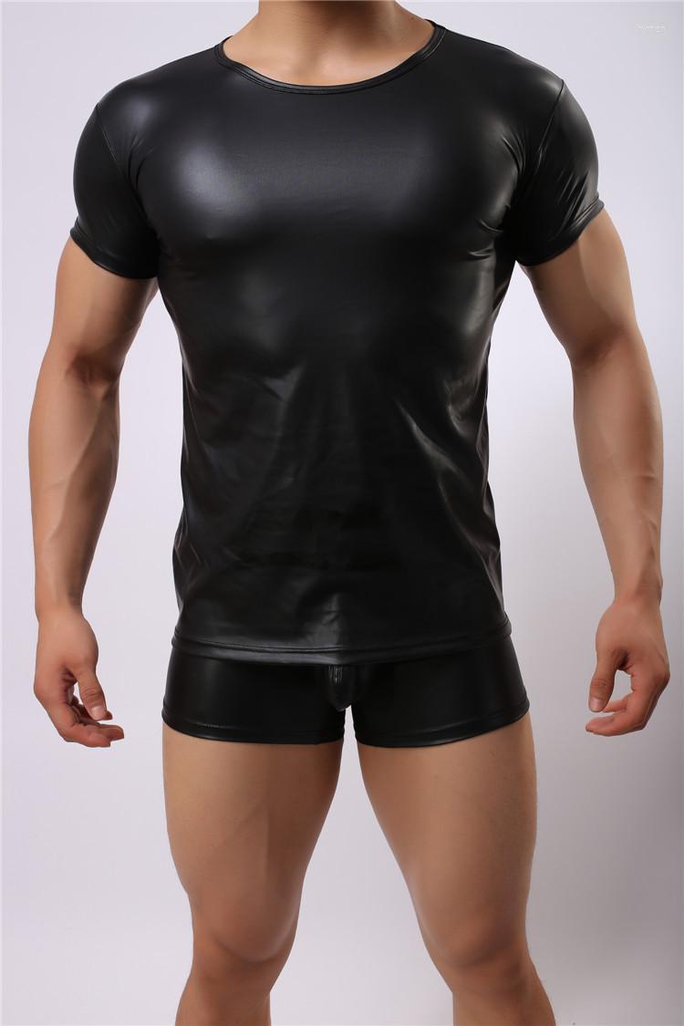 

Men' T Shirts 1PCS Men Sexy Faux Leather T-Shirts Cool Night Tight Slim Shirt, Black