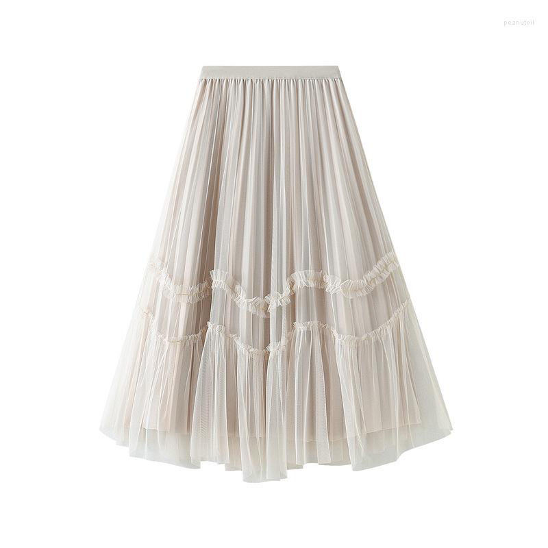 

Skirts Reversible Wave Tulle Skirt Women 2023 Autumn Winter Warm Velvet Pleated Female Patchwork Elegant Midi Long Party, Beige