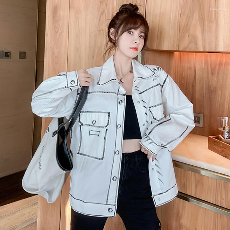 

Women' Jackets Hand-Painted Graffiti White Denim Jacket Women' Cardigan Coats Long Sleeves Loose Single-Breasted Fashion Elegant, Picture color