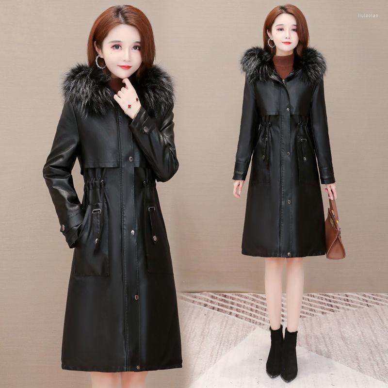 

Women's Leather Fashion Pu Jacket Women 2023 Winter Fur Slim Hooded Warm Outerwear Female Mid Long Collar Coats R1676, Black