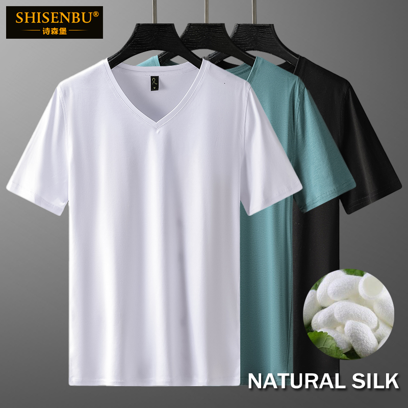 

Men's T-Shirts Silk And Cotton Short Sleeve T Shirt Men Summer Solid Color V-neck Knitted T-Shirt Undershirts Slim Fit Casual Tee Tops White 230313, V-white