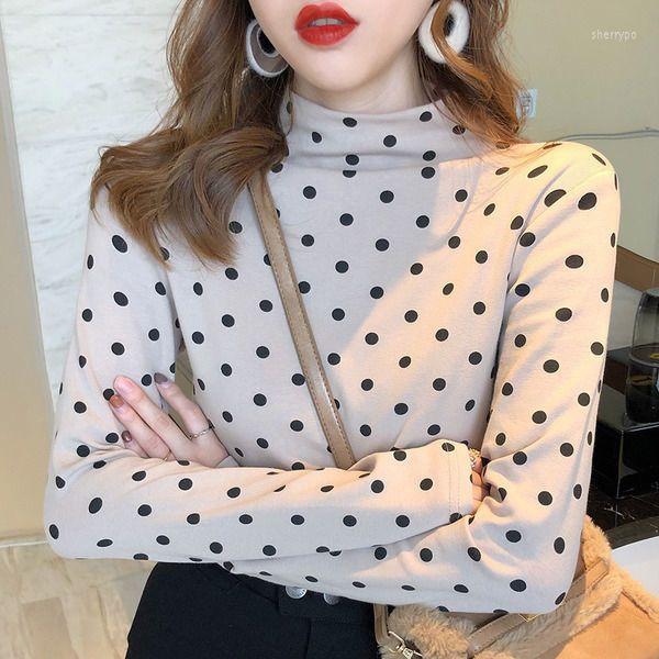 

Women's T Shirts Half-high Collar Polka Dot Long-sleeved T-shirt Women's Inner Bottoming Shirt Slim Top Ins Woman Clothing Coquette, White